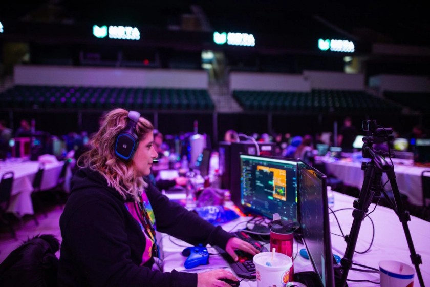 A Gamers for Giving attendee streaming during the LAN party.