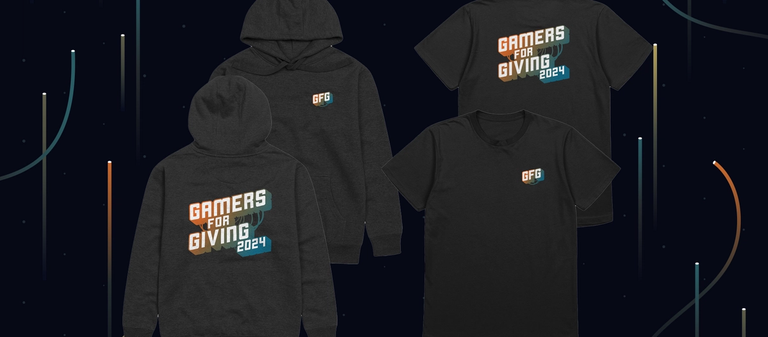 A black hoodie and T-Shirt with Gamers for Giving 2024 graphics, showing a sample of the merch options that will be available for this year's event.