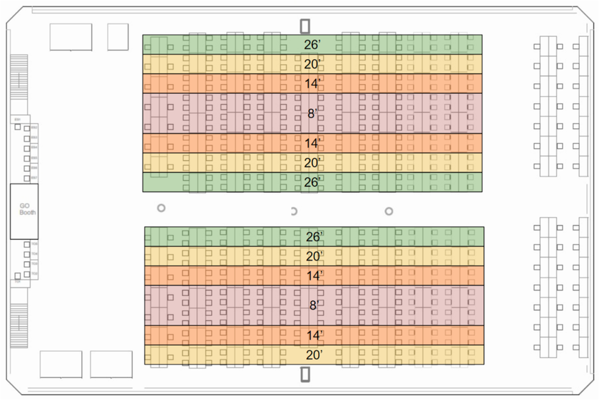 Seating chart with ethernet cable lengths specified by row in the order of: 26 ft, 20 ft, 14 ft, and 8 ft. With the seats at the center of each row requiring the shortest ethernet cables.